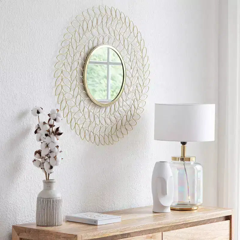 Gold Leaf Wall Mirror: 71.1 cm Round, Modern Style, Metal Frame