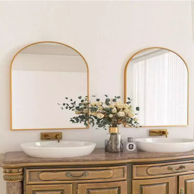 Black/Gold Arched Metal Wall Mirror, 66.0 × 96.5 cm