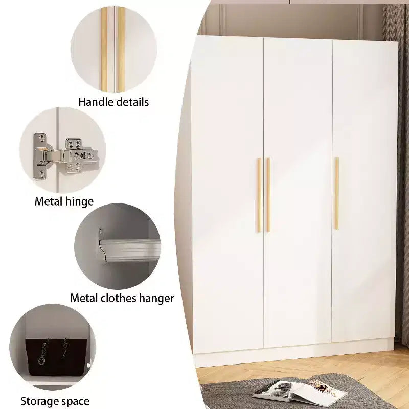 Armoire 3 portes blanche avec poignées en bois, usage adulte