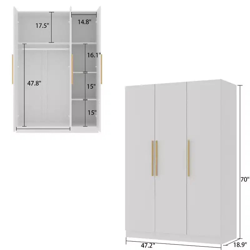 Armoire 3 portes blanche avec poignées en bois, usage adulte