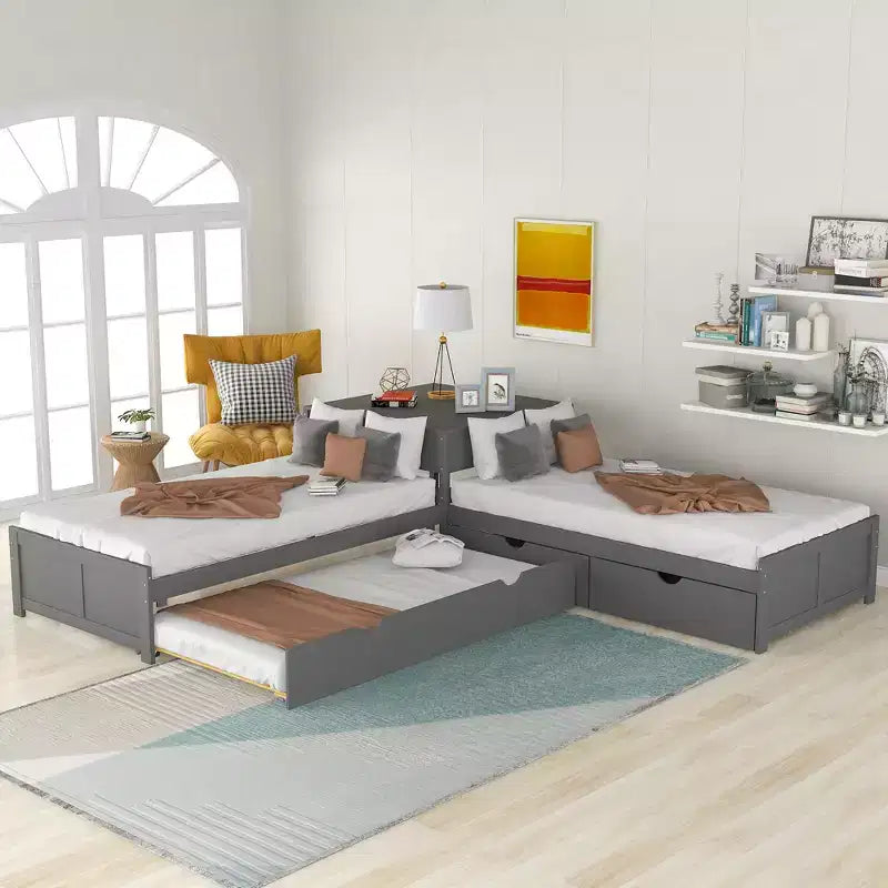 L-Shaped Platform Bed for an approx. 97 × 191 cm mattress with Trundle and Drawers Linked with Built-in Desk, Gray