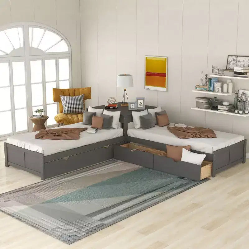 L-Shaped Platform Bed for an approx. 97 × 191 cm mattress with Trundle and Drawers Linked with Built-in Desk, Gray