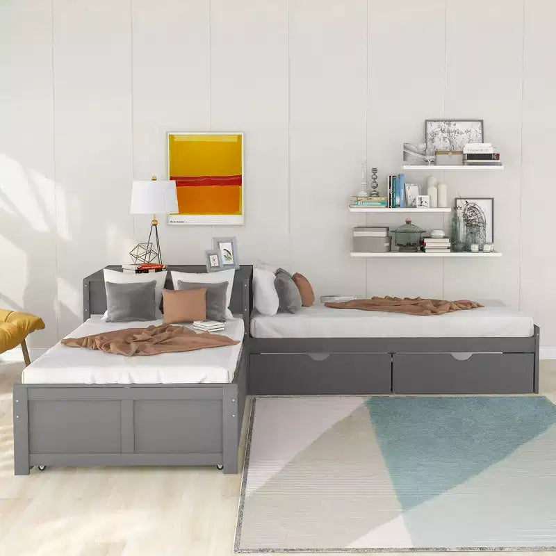 L-Shaped Platform Bed for an approx. 97 × 191 cm mattress with Trundle and Drawers Linked with Built-in Desk, Gray