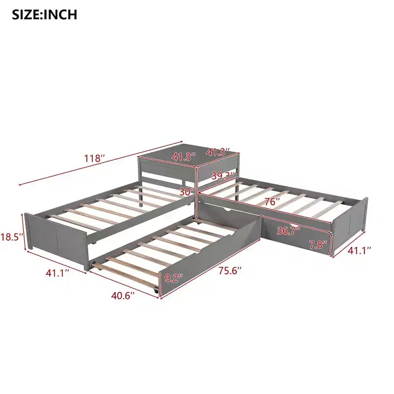 L-Shaped Platform Bed for an approx. 97 × 191 cm mattress with Trundle and Drawers Linked with Built-in Desk, Gray