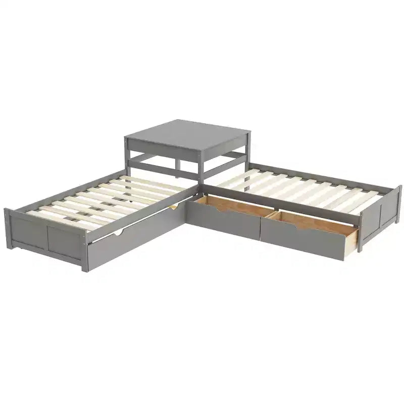 L-Shaped Platform Bed for an approx. 97 × 191 cm mattress with Trundle and Drawers Linked with Built-in Desk, Gray