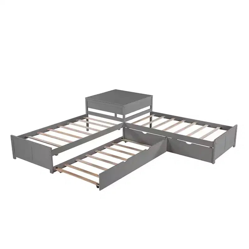 L-Shaped Platform Bed for an approx. 97 × 191 cm mattress with Trundle and Drawers Linked with Built-in Desk, Gray