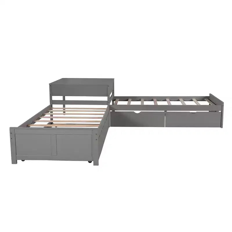 L-Shaped Platform Bed for an approx. 97 × 191 cm mattress with Trundle and Drawers Linked with Built-in Desk, Gray