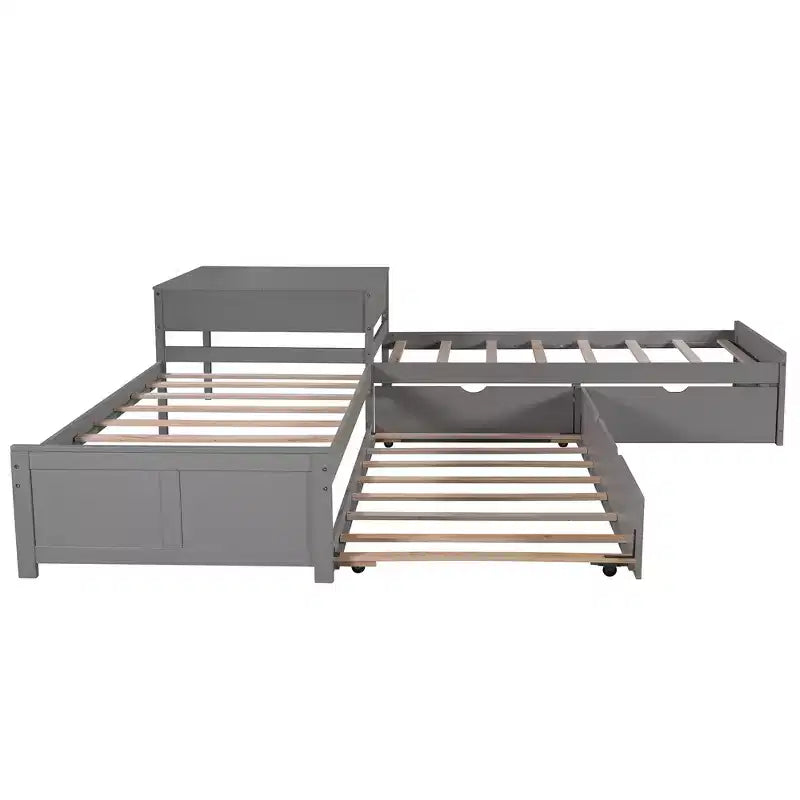 L-Shaped Platform Bed for an approx. 97 × 191 cm mattress with Trundle and Drawers Linked with Built-in Desk, Gray