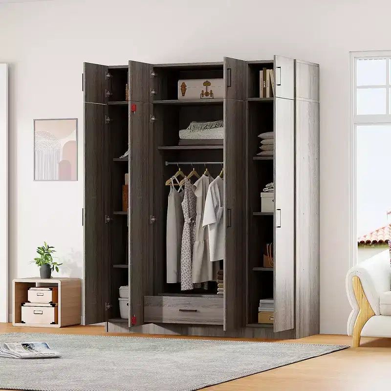 4-Door Wardrobe/Armoire with 1 Drawer and Top Cabinets