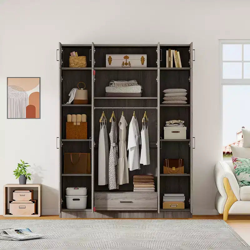 4-Door Wardrobe/Armoire with 1 Drawer and Top Cabinets
