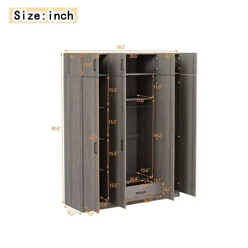 4-Door Wardrobe/Armoire with 1 Drawer and Top Cabinets