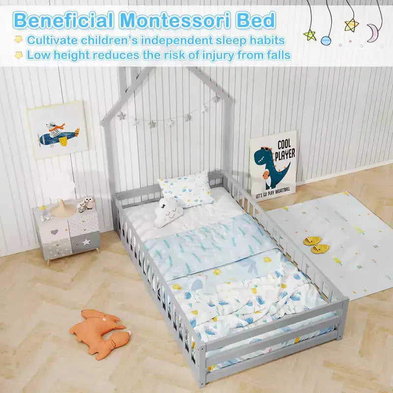 Lit de sol Montessori double, gris/blanc, porte verrouillable et barrière de sécurité pleine longueur, 1 personne