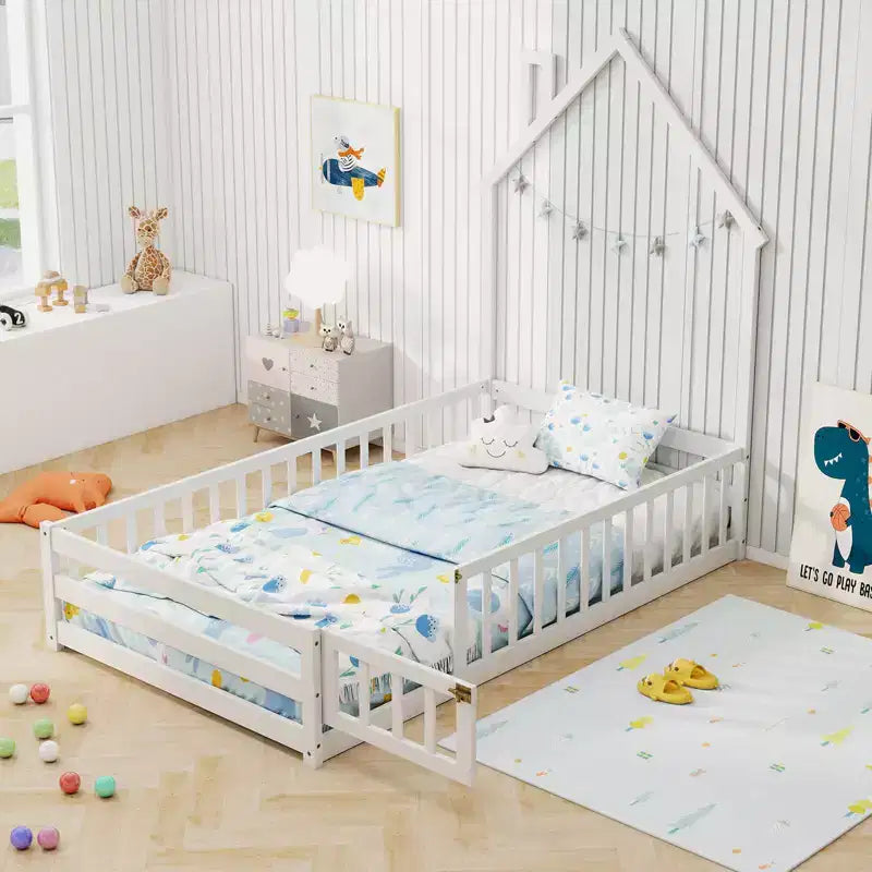 Lit de sol Montessori double, gris/blanc, porte verrouillable et barrière de sécurité pleine longueur, 1 personne