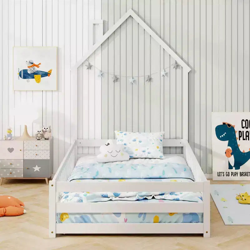 Lit de sol Montessori double, gris/blanc, porte verrouillable et barrière de sécurité pleine longueur, 1 personne