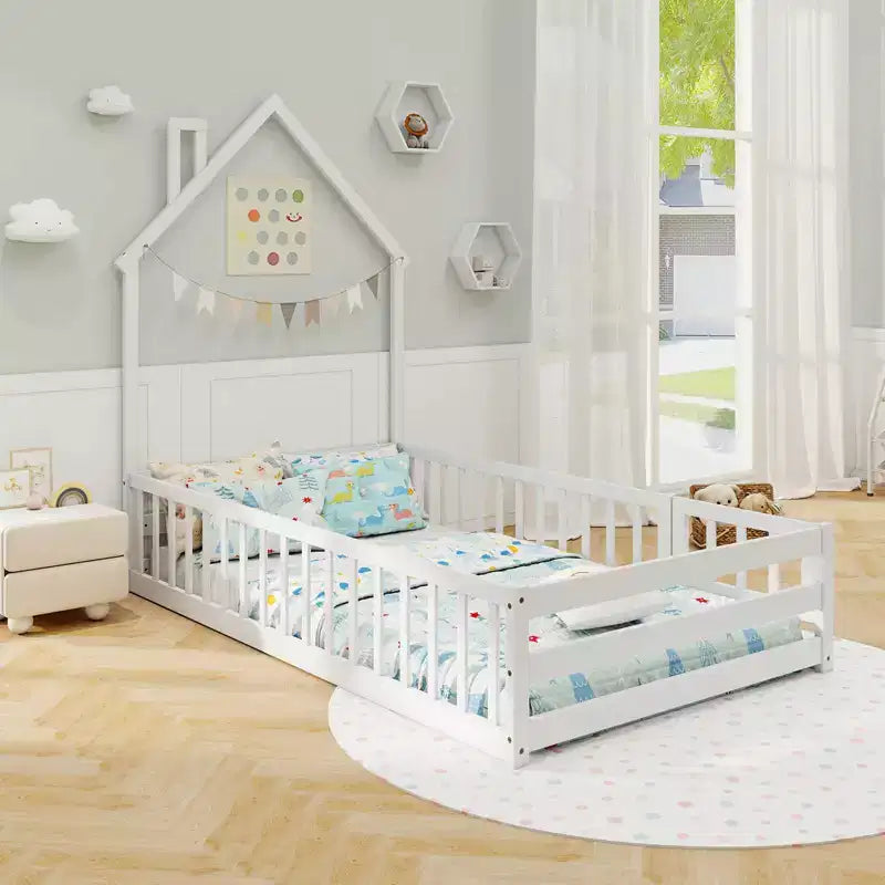 Lit de sol Montessori double, gris/blanc, porte verrouillable et barrière de sécurité pleine longueur, 1 personne