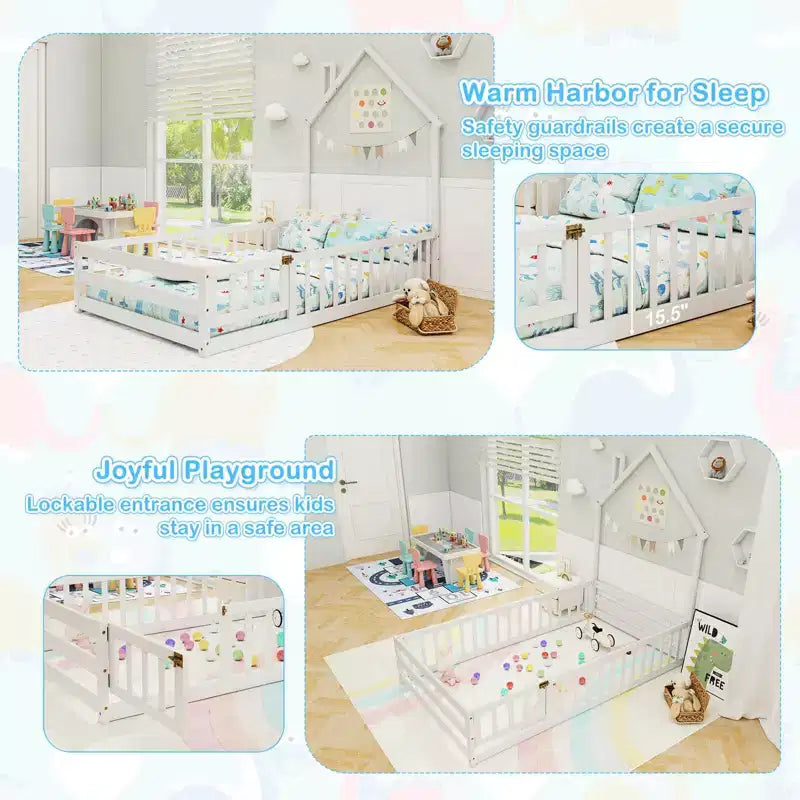 Lit de sol Montessori double, gris/blanc, porte verrouillable et barrière de sécurité pleine longueur, 1 personne