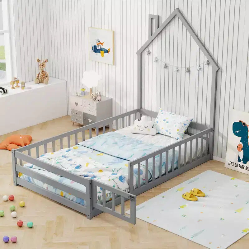 Lit de sol Montessori double, gris/blanc, porte verrouillable et barrière de sécurité pleine longueur, 1 personne
