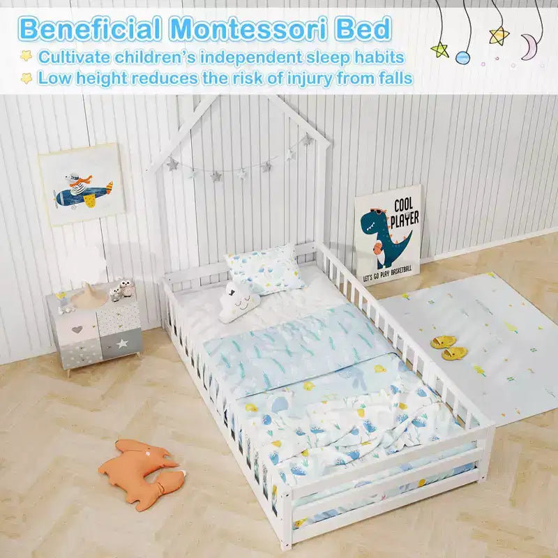 Lit de sol Montessori double, gris/blanc, porte verrouillable et barrière de sécurité pleine longueur, 1 personne