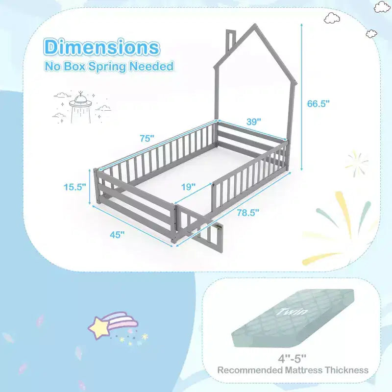 Lit de sol Montessori double, gris/blanc, porte verrouillable et barrière de sécurité pleine longueur, 1 personne