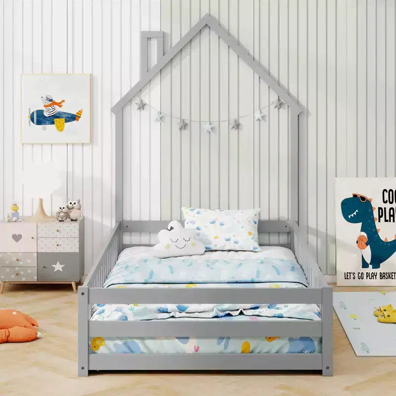 Lit de sol Montessori double, gris/blanc, porte verrouillable et barrière de sécurité pleine longueur, 1 personne
