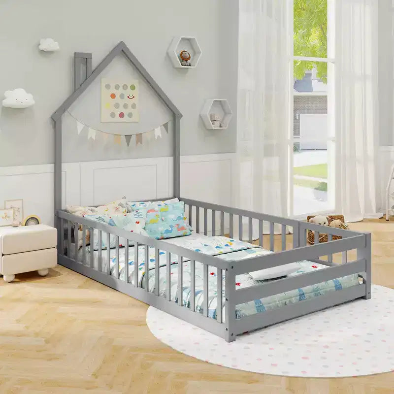 Lit de sol Montessori double, gris/blanc, porte verrouillable et barrière de sécurité pleine longueur, 1 personne