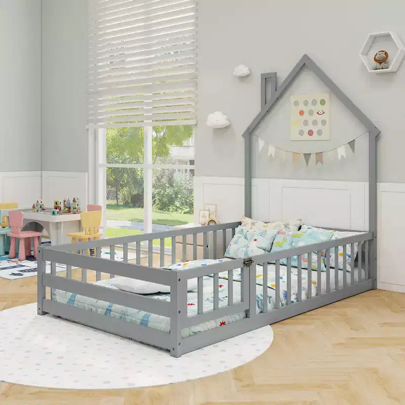 Lit de sol Montessori double, gris/blanc, porte verrouillable et barrière de sécurité pleine longueur, 1 personne