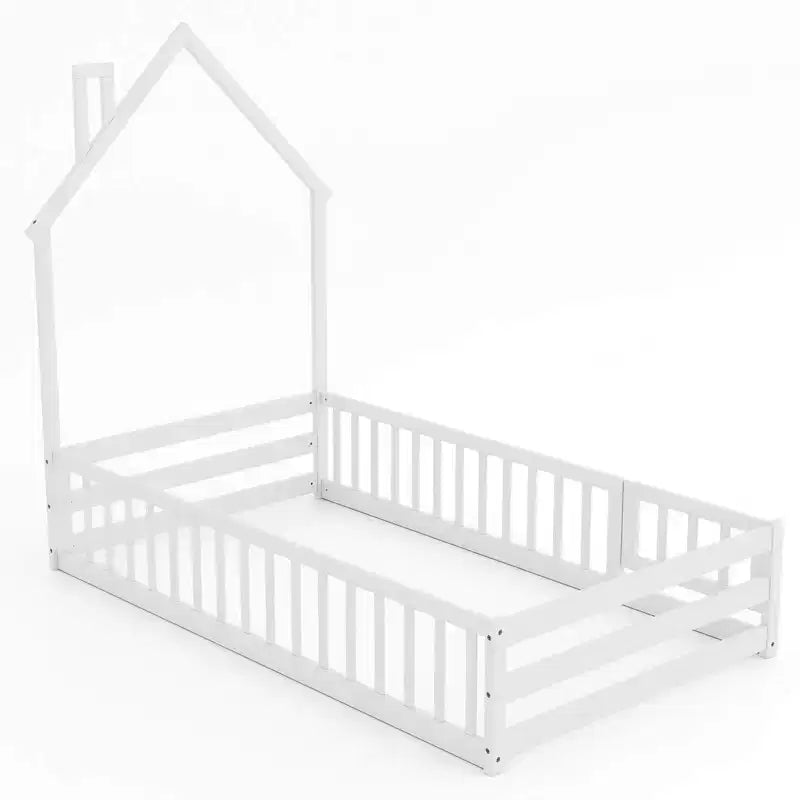 Lit de sol Montessori double, gris/blanc, porte verrouillable et barrière de sécurité pleine longueur, 1 personne