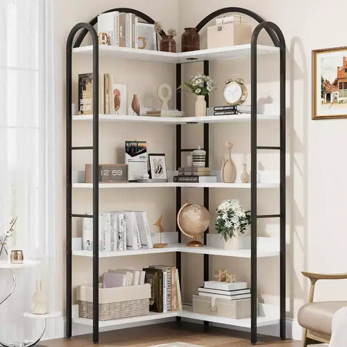 Corner Bookshelf, L Shaped Bookshelf Arched 5 Tier Corner Shelf with Metal Frame for Living Room Bedroom