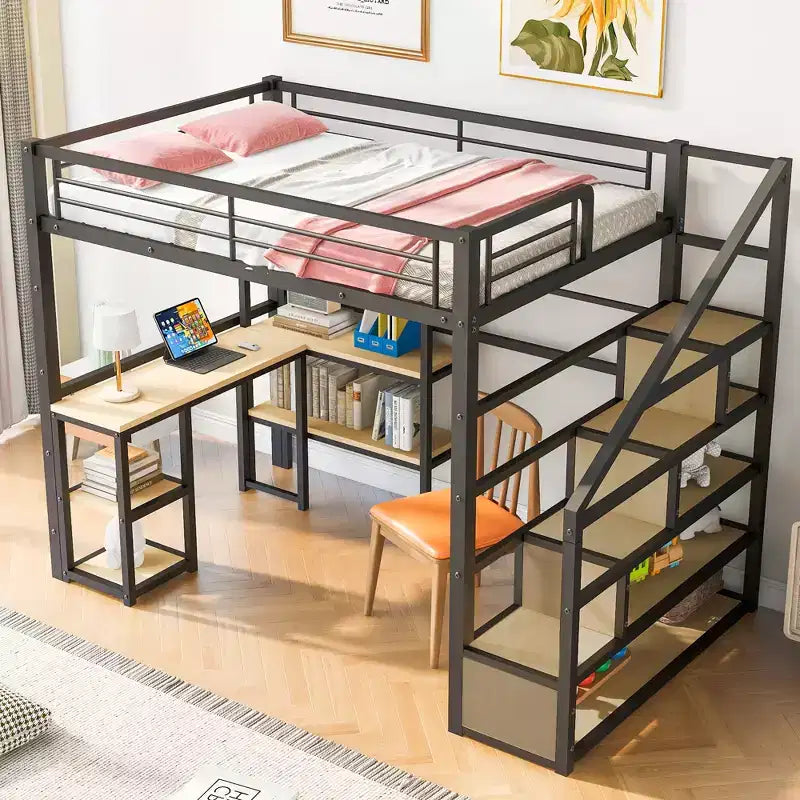 Lit mezzanine double/grand format avec bureau, escalier et étagères de rangement, cadre de lit mezzanine en métal - ModernLuxe