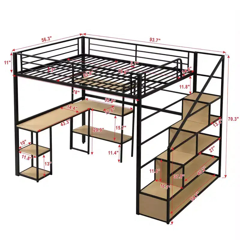 Lit mezzanine double/grand format avec bureau, escalier et étagères de rangement, cadre de lit mezzanine en métal - ModernLuxe
