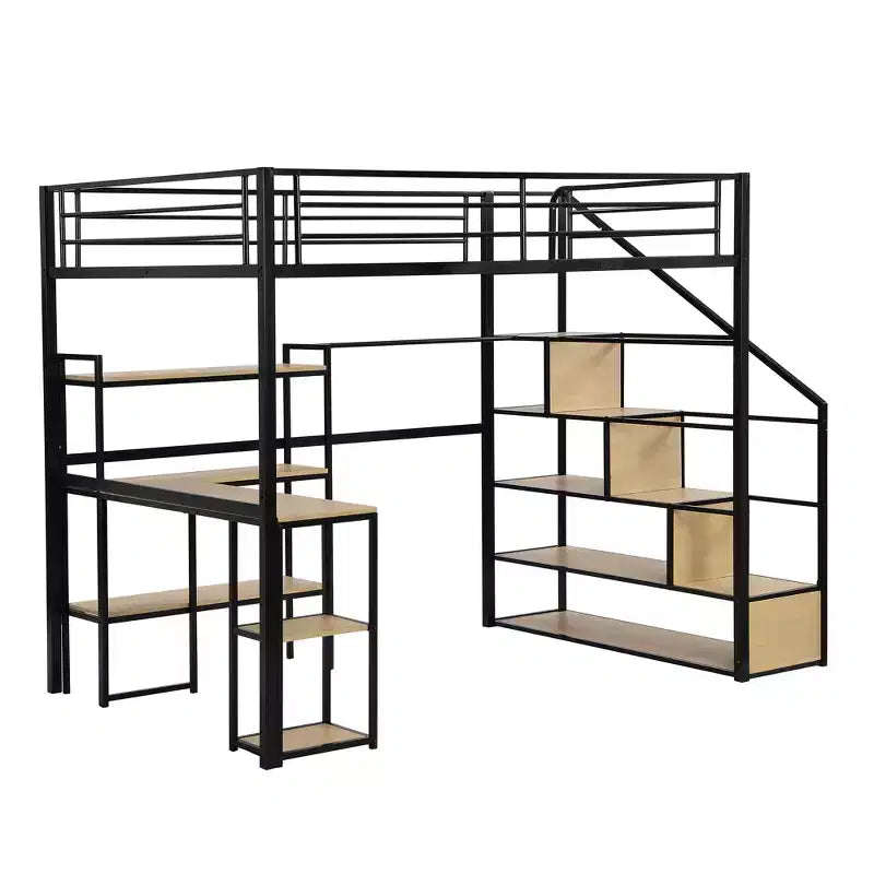 Lit mezzanine double/grand format avec bureau, escalier et étagères de rangement, cadre de lit mezzanine en métal - ModernLuxe