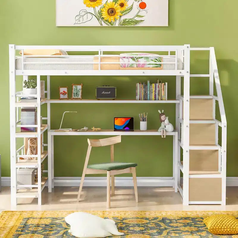 Lit mezzanine double/grand format avec bureau, escalier et étagères de rangement, cadre de lit mezzanine en métal - ModernLuxe