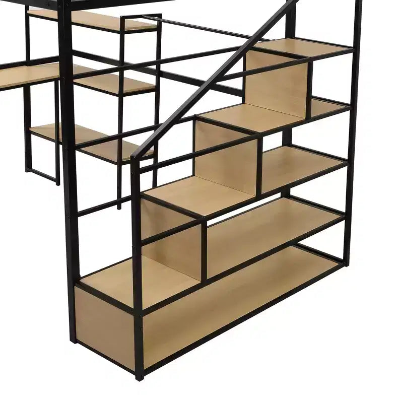 Lit mezzanine double/grand format avec bureau, escalier et étagères de rangement, cadre de lit mezzanine en métal - ModernLuxe