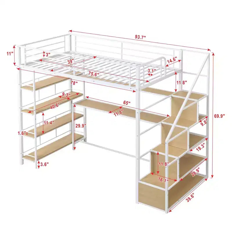 Lit mezzanine double/grand format avec bureau, escalier et étagères de rangement, cadre de lit mezzanine en métal - ModernLuxe