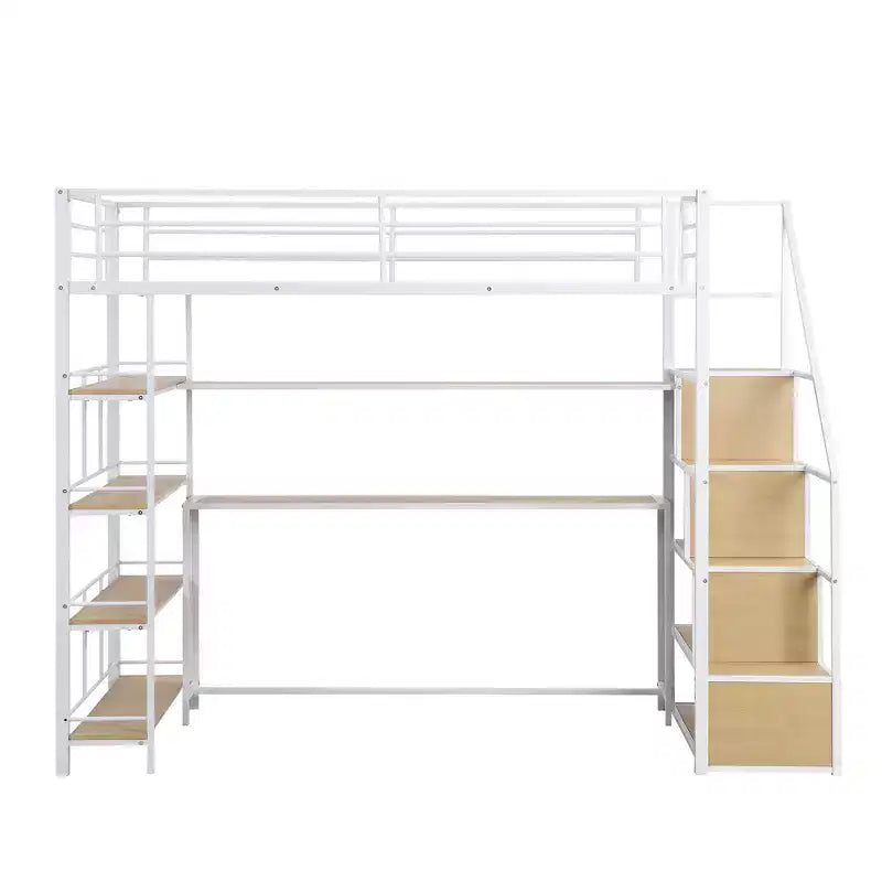 Lit mezzanine double/grand format avec bureau, escalier et étagères de rangement, cadre de lit mezzanine en métal - ModernLuxe