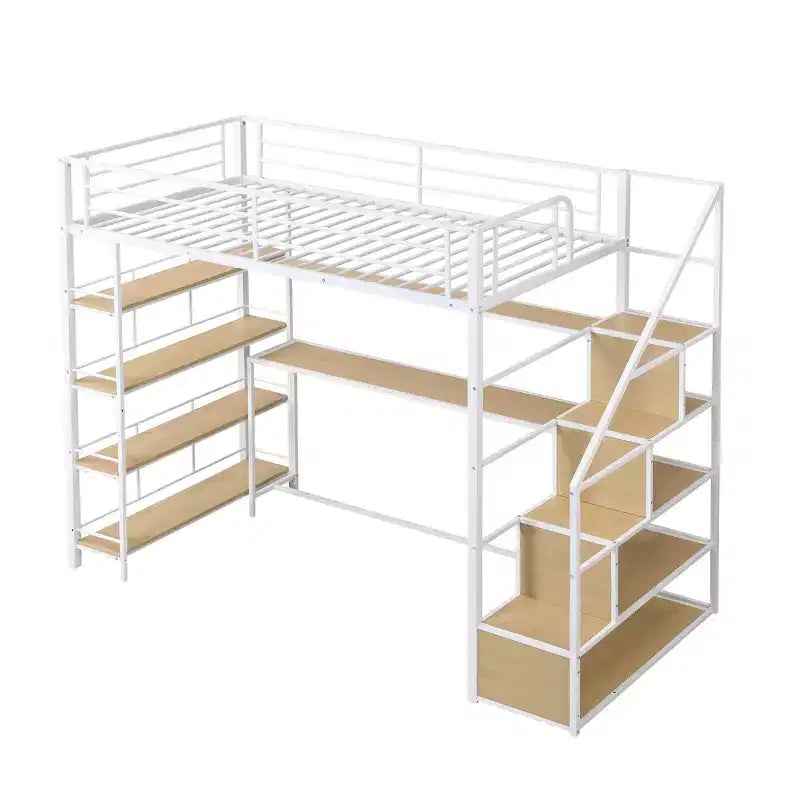 Lit mezzanine double/grand format avec bureau, escalier et étagères de rangement, cadre de lit mezzanine en métal - ModernLuxe