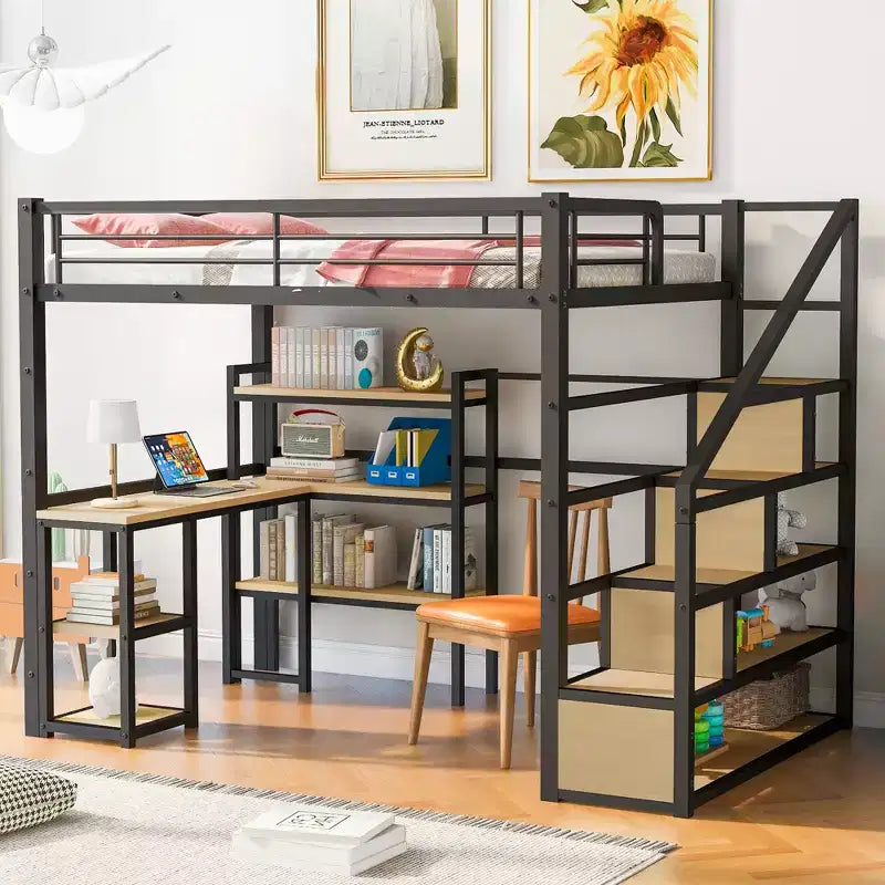 Lit mezzanine double/grand format avec bureau, escalier et étagères de rangement, cadre de lit mezzanine en métal - ModernLuxe