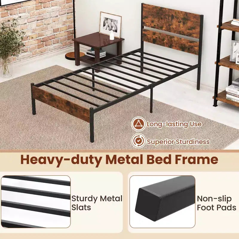 Cadre de lit plateforme industriel rustique marron et noir avec tête de lit en bois — Simple/Double/Queen/King, 1-2 personnes