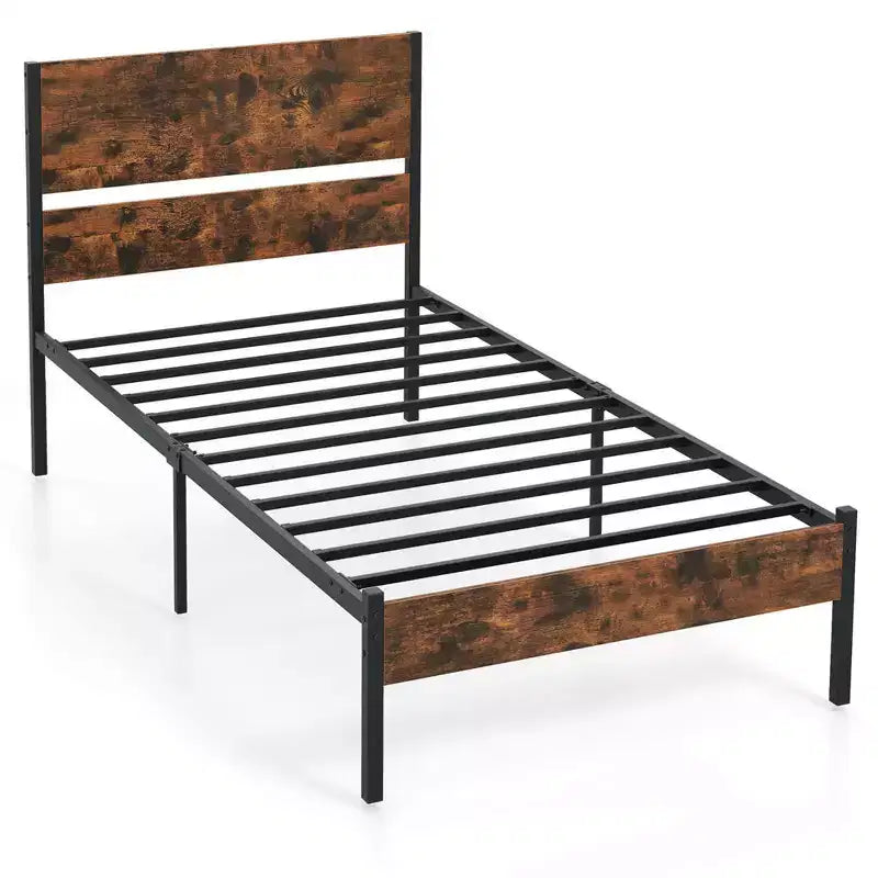 Cadre de lit plateforme industriel rustique marron et noir avec tête de lit en bois — Simple/Double/Queen/King, 1-2 personnes
