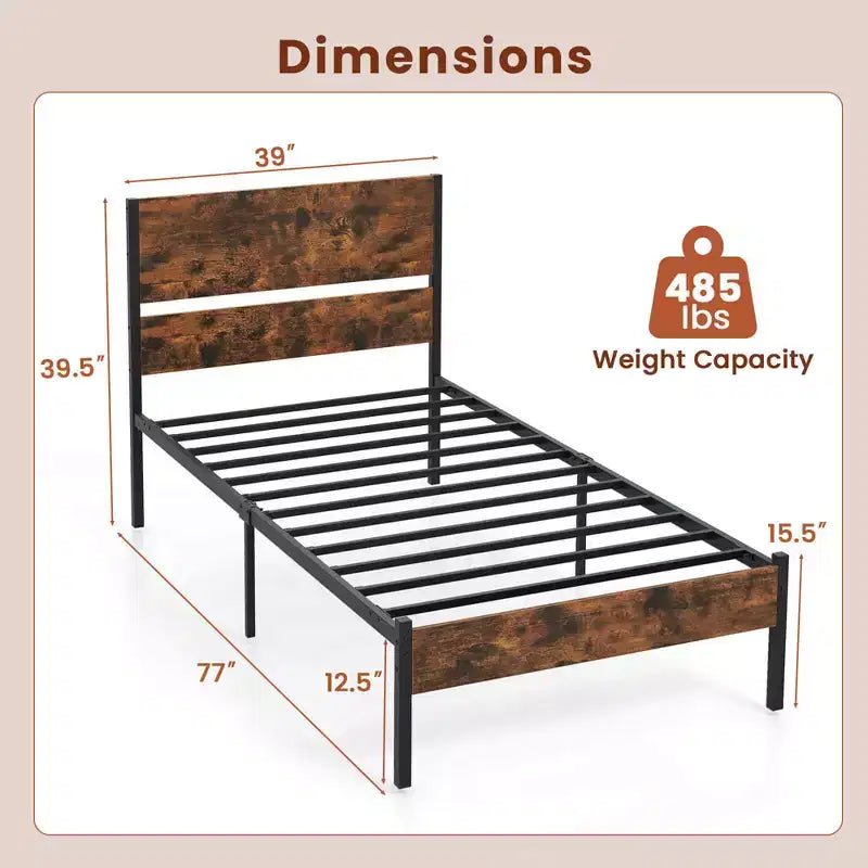 Cadre de lit plateforme industriel rustique marron et noir avec tête de lit en bois — Simple/Double/Queen/King, 1-2 personnes