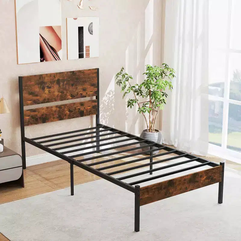 Cadre de lit plateforme industriel rustique marron et noir avec tête de lit en bois — Simple/Double/Queen/King, 1-2 personnes