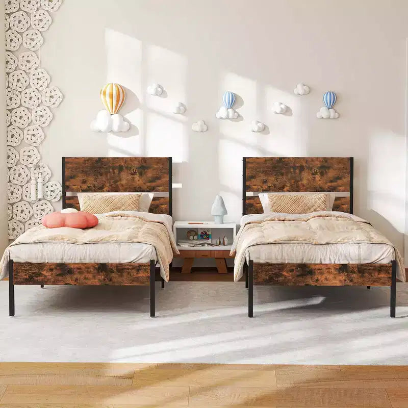 Cadre de lit plateforme industriel rustique marron et noir avec tête de lit en bois — Simple/Double/Queen/King, 1-2 personnes