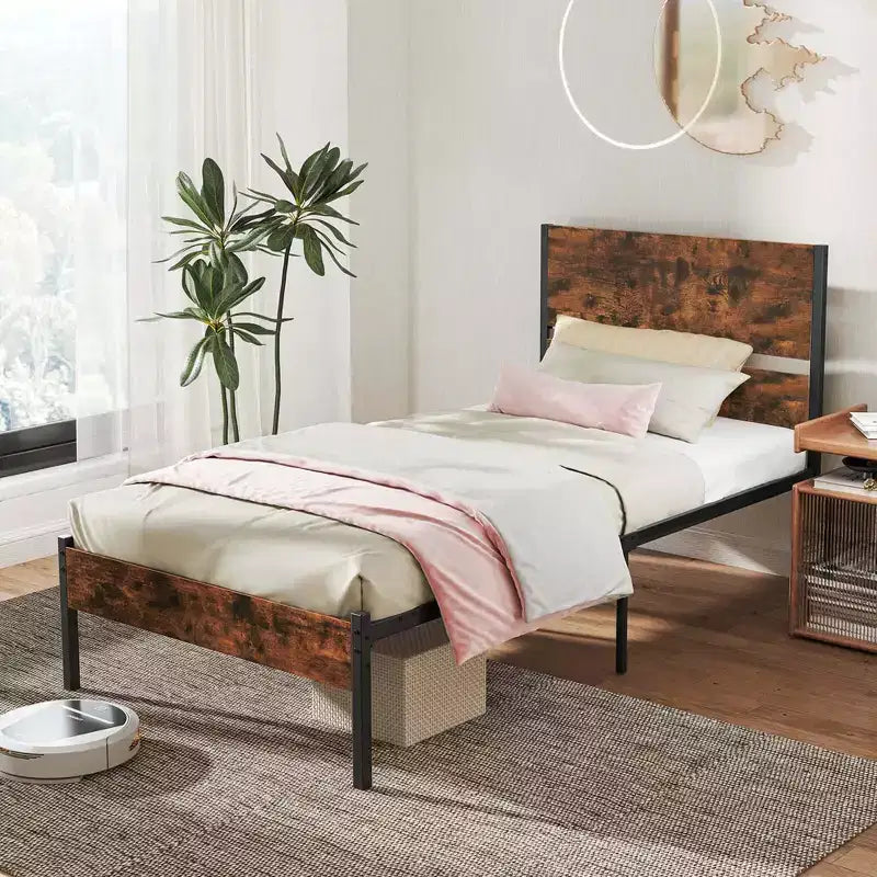 Cadre de lit plateforme industriel rustique marron et noir avec tête de lit en bois — Simple/Double/Queen/King, 1-2 personnes