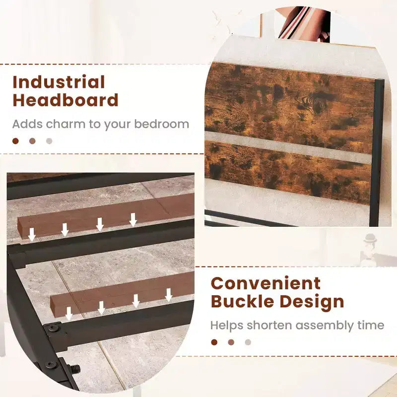Cadre de lit plateforme industriel rustique marron et noir avec tête de lit en bois — Simple/Double/Queen/King, 1-2 personnes