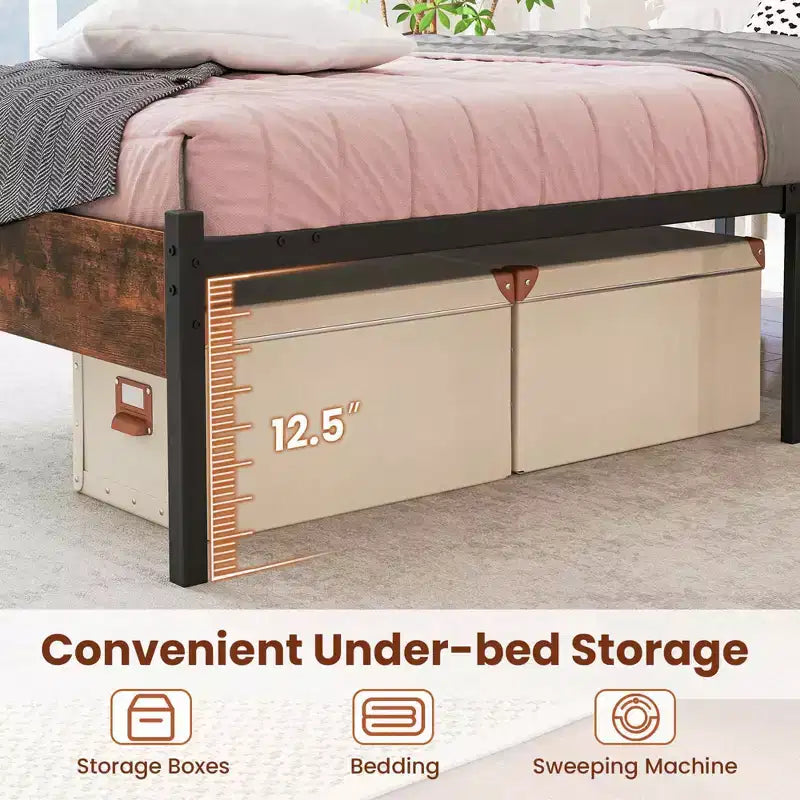 Cadre de lit plateforme industriel rustique marron et noir avec tête de lit en bois — Simple/Double/Queen/King, 1-2 personnes