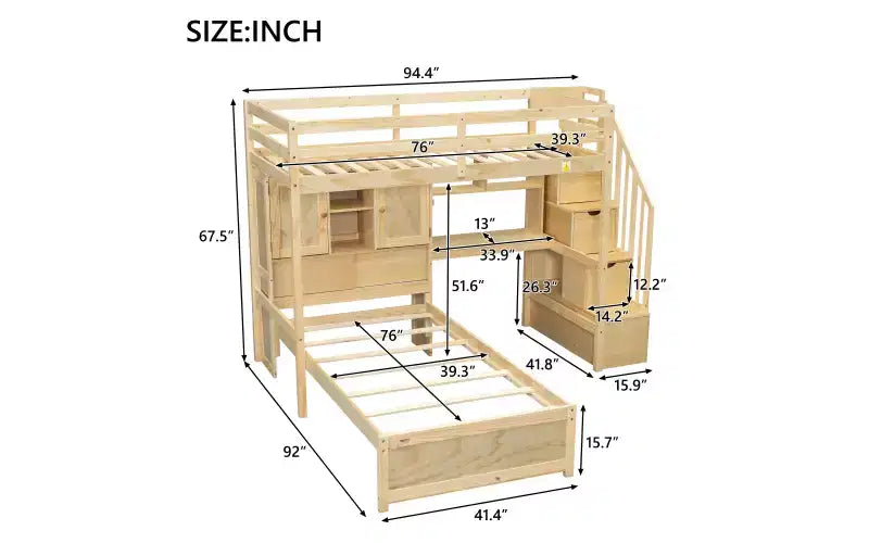 Lit superposé Whisen 94,4''L x 92''L, deux places, avec bureau intégré et escalier, compartiments de rangement et étagères