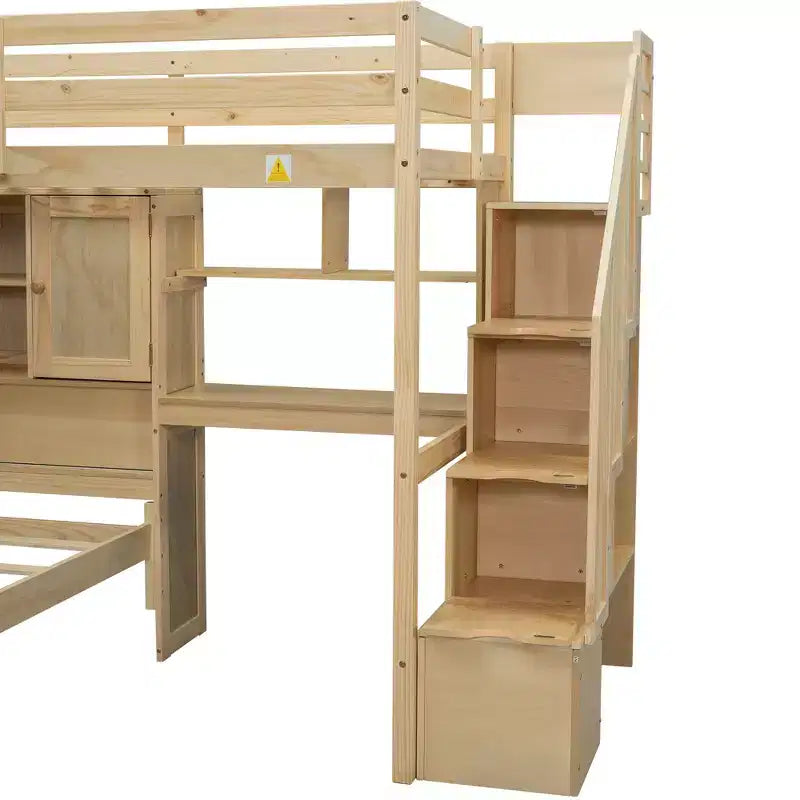 Lit superposé Whisen 94,4''L x 92''L, deux places, avec bureau intégré et escalier, compartiments de rangement et étagères