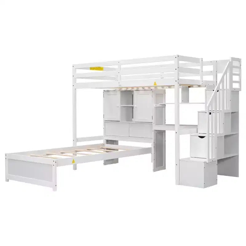 Lit superposé Whisen 94,4''L x 92''L, deux places, avec bureau intégré et escalier, compartiments de rangement et étagères