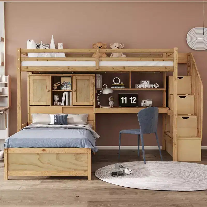 Lit superposé Whisen 94,4''L x 92''L, deux places, avec bureau intégré et escalier, compartiments de rangement et étagères