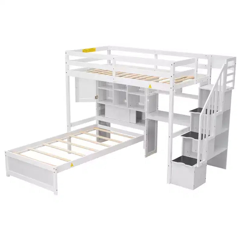 Lit superposé Whisen 94,4''L x 92''L, deux places, avec bureau intégré et escalier, compartiments de rangement et étagères